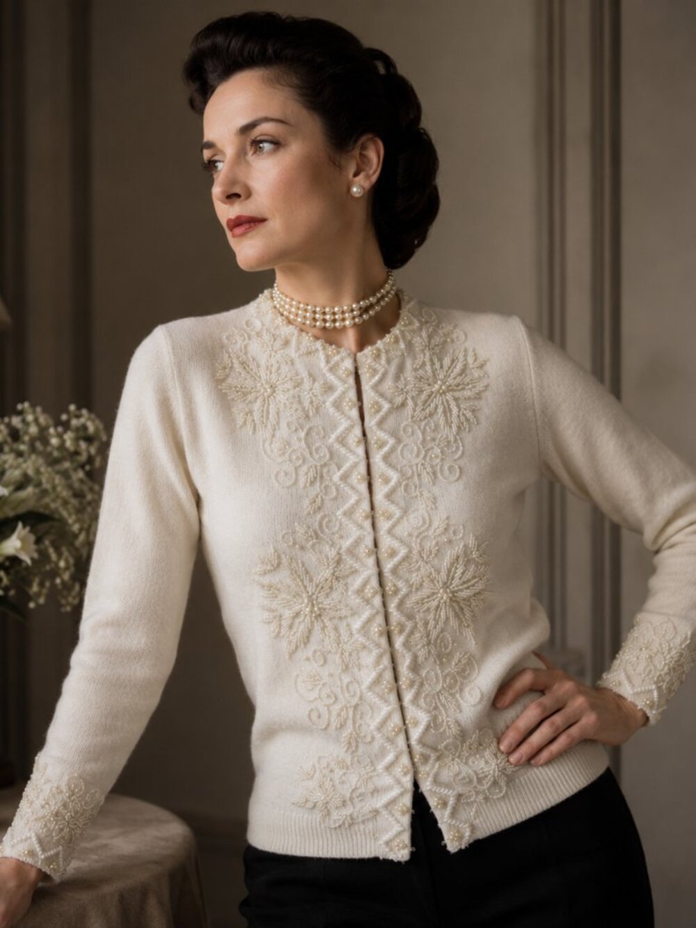 Vintage 1950s Imperial Fashion Hand Beaded Angora Cardigan US Medium